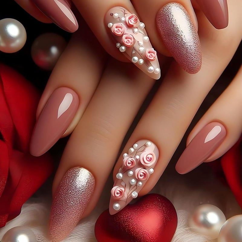 ASABITE 24 Pcs Pink Valentine’s Day Press on Nails Almond Medium Fake Nails with Glue 3D Flower False Nails with Pearl Design Glitter Full Cover Valentines Nails Reusable Stick on Nails for Women Spring Nails - Image 1